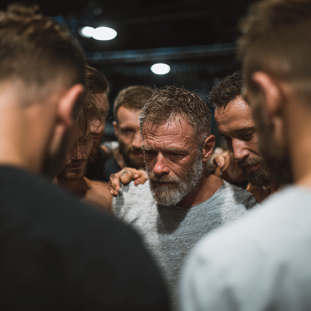 Група чоловіків різного віку разом тренується, демонструючи командний дух та взаємопідтримку