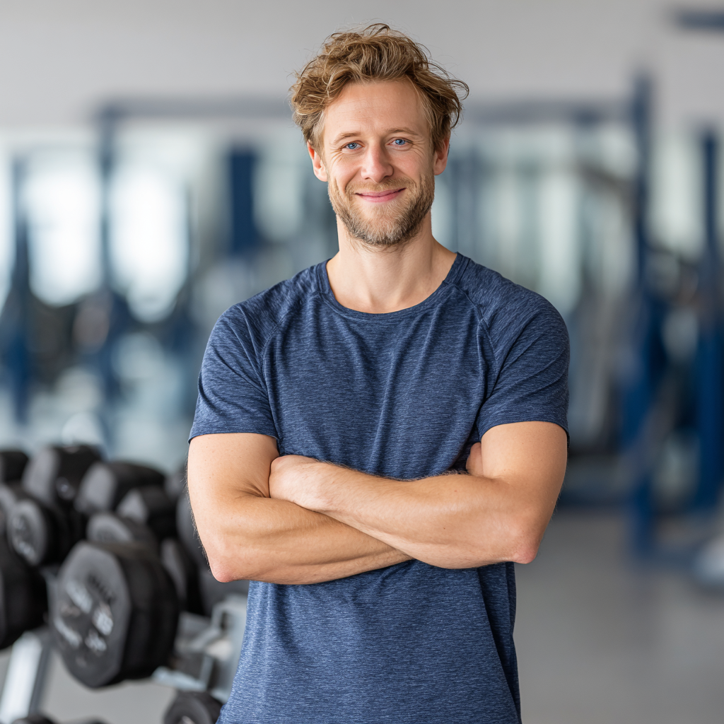 Впевнений чоловік у спортзалі з гантелями, демонструє фізичну силу та рішучість
