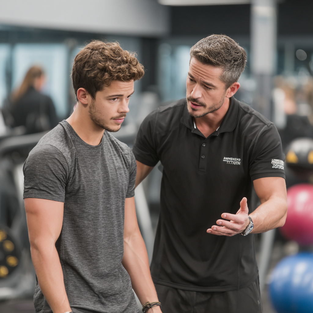 Професійний тренер демонструє правильну техніку виконання вправ молодому чоловіку в сучасному спортзалі